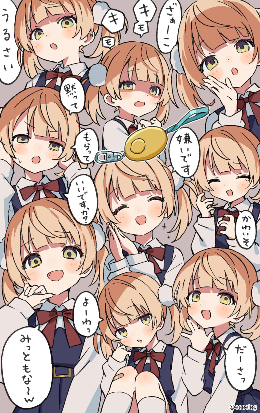 1girl blonde_hair collared_shirt crime_prevention_buzzer disgust expression_chart green_eyes h_(eitilog) highres indie_virtual_youtuber low_twintails multiple_persona neck_ribbon pom_pom_(clothes) red_ribbon ribbon shaded_face shigure_ui_(vtuber) shigure_ui_(young)_(vtuber) shirt smug speech_bubble twintails virtual_youtuber