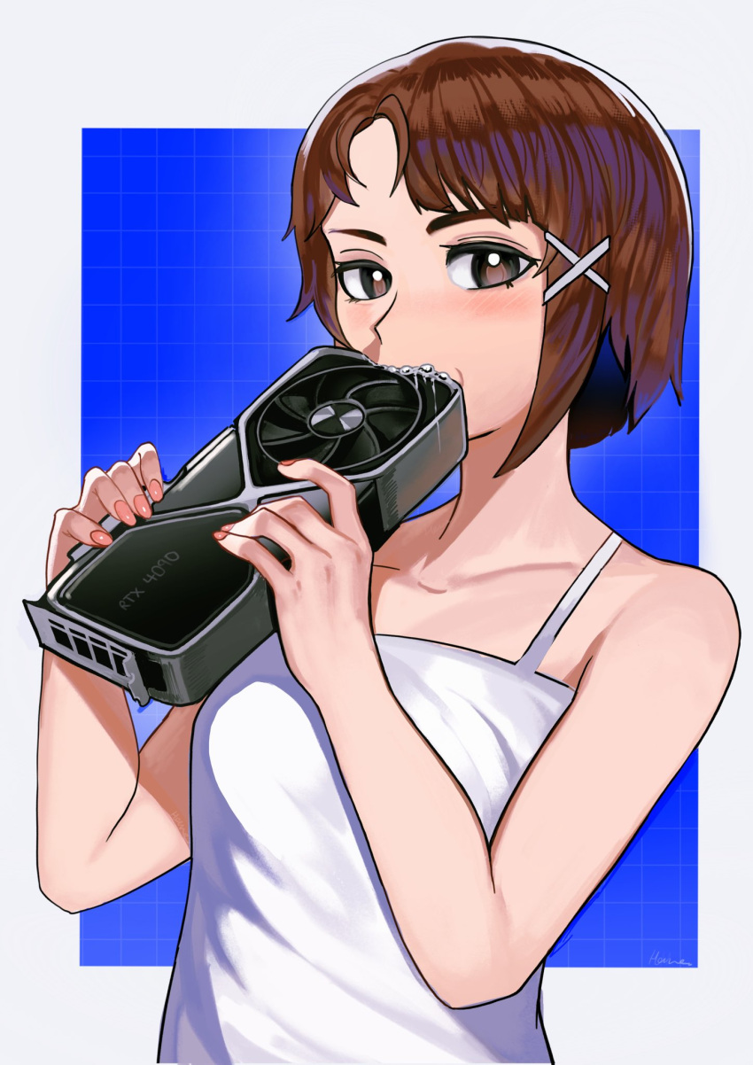 1girl blue_background border brown_eyes brown_hair checkered_background commentary eating english_commentary geforce_rtx_4090 graphics_card highres hommie-k9k9 iwakura_lain looking_at_viewer saliva serial_experiments_lain shirt short_hair sleeveless sleeveless_shirt solo tank_top white_border white_tank_top