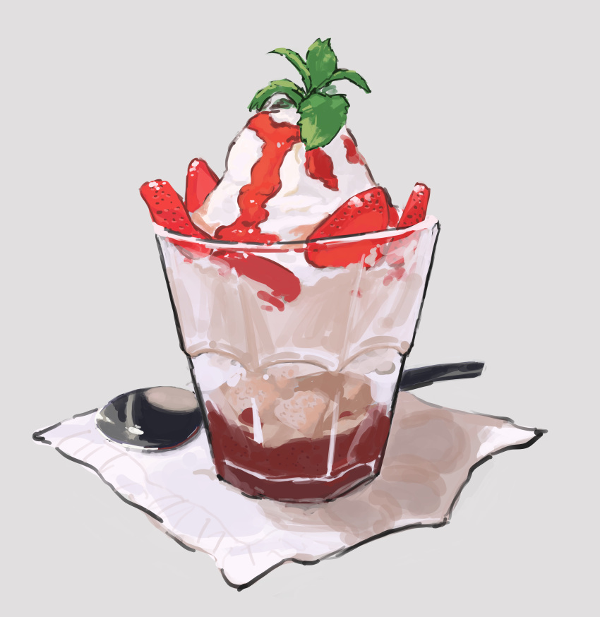 absurdres food food_focus fruit highres ice_cream mint napkin no_humans original potatomochii spoon still_life strawberry strawberry_slice strawberry_syrup whipped_cream