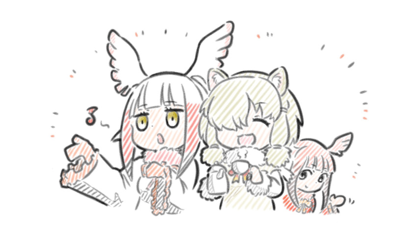 3girls :d ^_^ alpaca_ears alpaca_suri_(kemono_friends) animal_ear_fluff animal_ears appleq brown_hair brown_sweater closed_eyes closed_mouth coffee_pot commentary_request cropped_torso cup frilled_sleeves frills fur-trimmed_sleeves fur_collar fur_trim gloves hair_over_one_eye head_wings highres holding holding_cup japanese_crested_ibis_(kemono_friends) kemono_friends long_sleeves multicolored_hair multiple_girls music pink_hair pink_wings red_gloves red_shirt redhead scarlet_ibis_(kemono_friends) shirt simple_background singing smile sweater two-tone_hair upper_body white_background white_hair white_shirt white_wings wings yellow_eyes