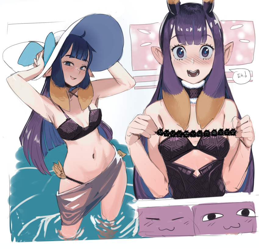 bikini black_bikini blush dress hat highres hololive hololive_english ninomae_ina'nis orange_hair pointy_ears purple_dress purple_hair ribbon sho-n-d surprised swimsuit violet_eyes water