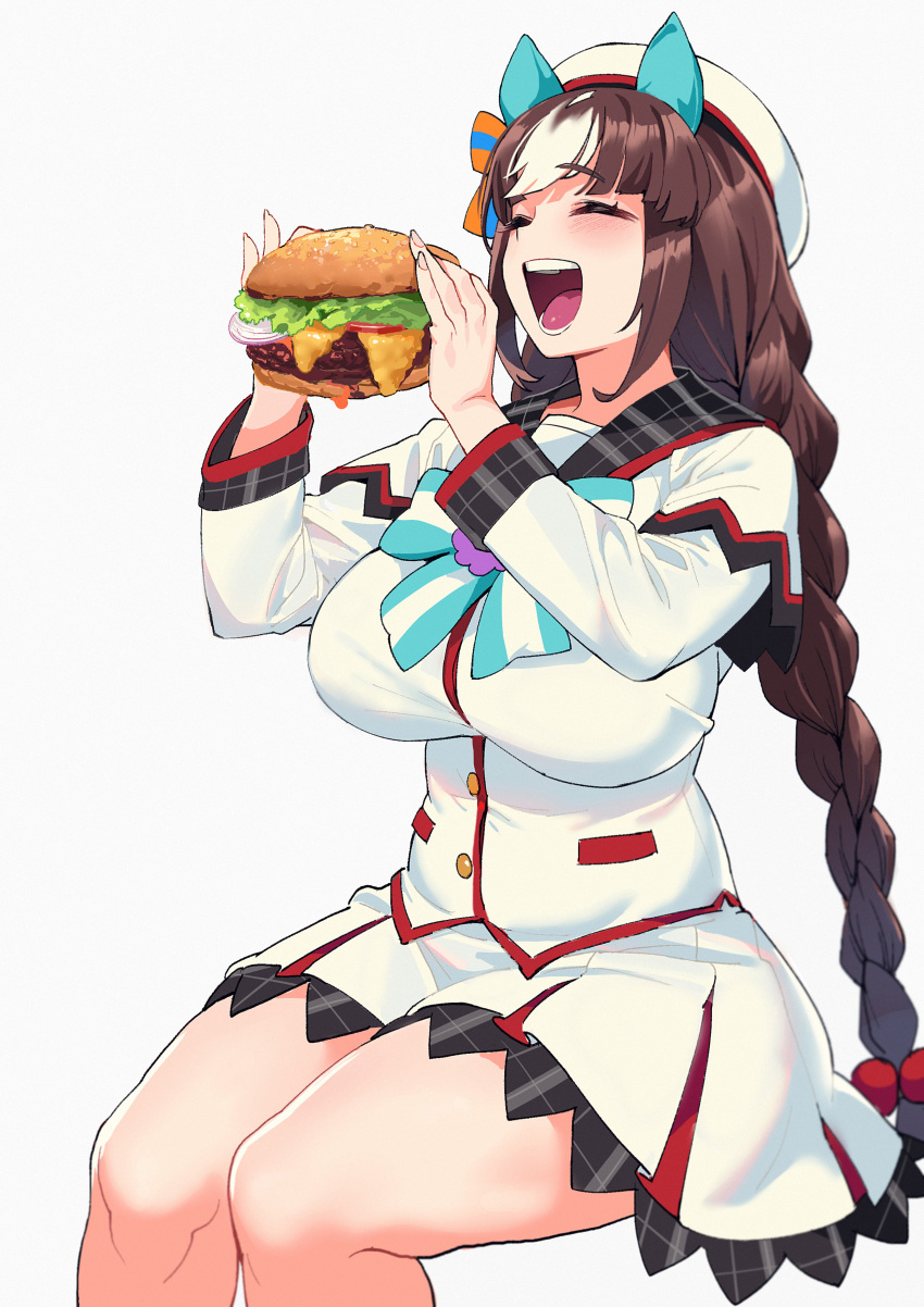 1girl absurdres animal_ears beret blush braid breasts brown_hair burger closed_eyes ear_covers eating english_commentary feet_out_of_frame fingernails food hat highres hokko_tarumae_(umamusume) holding holding_food horse_ears horse_girl large_breasts long_hair long_sleeves multicolored_hair no_gloves open_mouth sarcophage simple_background smile solo streaked_hair twin_braids two-tone_hair umamusume very_long_hair white_background white_hair white_headwear