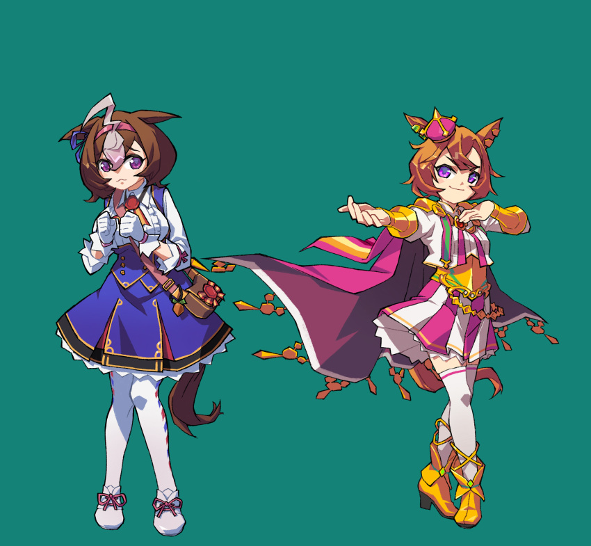 2girls :3 @_@ absurdres ahoge aiguillette animal_ears bag blue_dress breasts brown_bag brown_hair buttons cape center_frills chain clenched_hands closed_mouth collared_shirt commentary_request cropped_jacket crown double-breasted dress ear_ornament ear_ribbon frills full_body gold green_background hair_between_eyes hairband highres horse_ears horse_girl horse_tail jacket keychain light_blush long_sleeves looking_at_viewer meisho_doto_(umamusume) multiple_girls orange_hair pantyhose pink_cape pink_hairband pink_skirt puffy_sleeves purple_ribbon ribbon shirt short_hair shoulder_bag skirt small_breasts smile suzuhara_kenji t.m._opera_o_(umamusume) tail thigh-highs tilted_headwear two-tone_skirt umamusume umbrella violet_eyes white_footwear white_hair white_jacket white_pantyhose white_skirt white_thighhighs yellow_footwear
