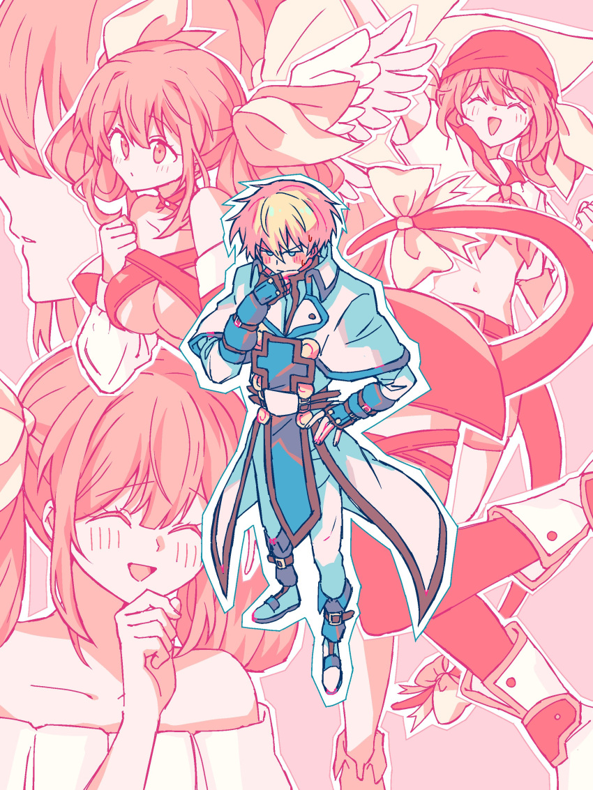 1boy 1girl absurdres angel_wings bare_shoulders blonde_hair blush couple crop_top dizzy_(guilty_gear) guilty_gear guilty_gear_x guilty_gear_xx hair_ribbon highres ktknpdy ky_kiske laughing long_hair midriff multiple_views navel ribbon sailor_collar sailor_shirt shirt short_hair stomach tail tail_ornament tail_ribbon thigh_strap thinking twintails wings