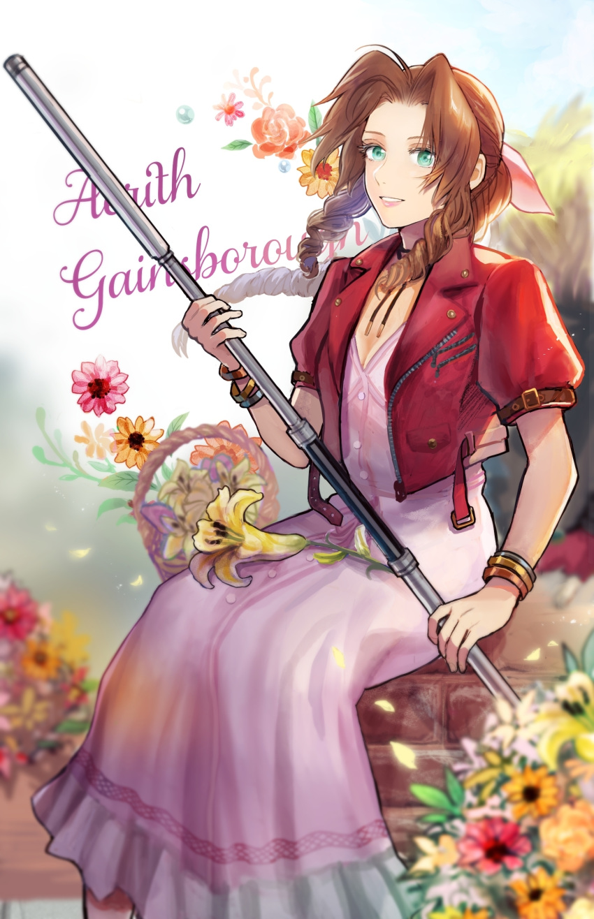 1girl absurdres aerith_gainsborough backlighting basket blurry bow bracelet braid braided_ponytail breasts brown_hair button_dress character_name commentary_request crop_top cropped_jacket depth_of_field dress drill_hair final_fantasy final_fantasy_vii flower green_eyes hair_bow hair_intakes hand_up highres holding holding_staff jacket jewelry lily_(flower) lips long_dress long_hair open_clothes open_jacket parted_bangs parted_lips petals pink_dress red_jacket shinju_pearl_pix short_sleeves side_drill sitting small_breasts smile solo staff sunlight zipper