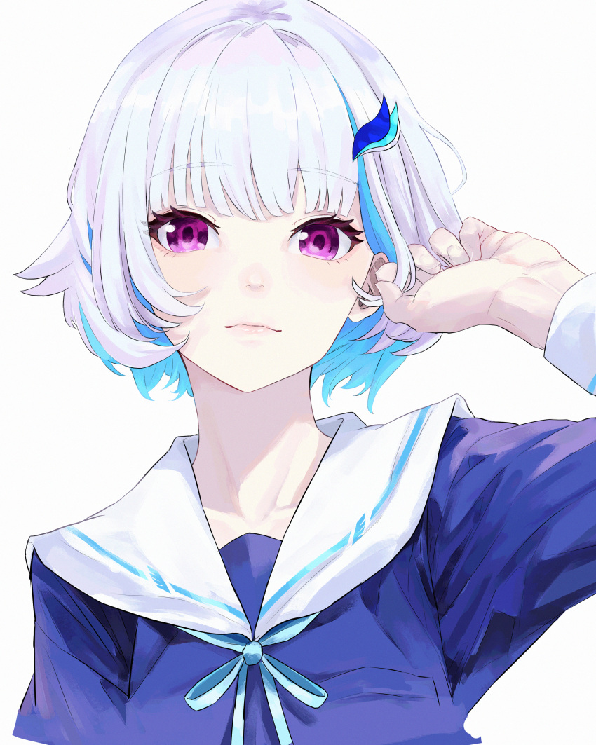 1girl absurdres arm_up blue_shirt closed_mouth colored_inner_hair hair_ornament hairclip hand_in_own_hair highres lize_helesta long_sleeves looking_at_viewer multicolored_hair neck_ribbon nijisanji ribbon sailor_collar shirt short_hair simple_background solo straight-on takamiya2222 violet_eyes virtual_youtuber white_background