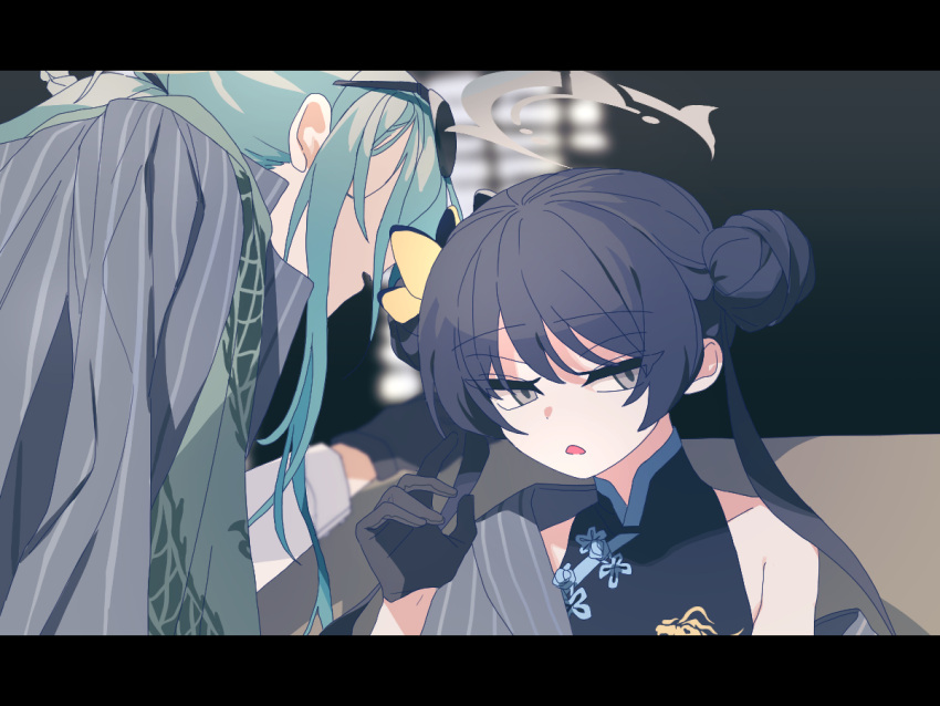 2girls bare_arms black_dress black_gloves blue_archive blue_eyes blue_hair butterfly_hair_ornament china_dress chinese_clothes coat double_bun dress eyewear_on_head gloves grey_coat grey_eyes grey_halo hair_bun hair_ornament halo kisaki_(blue_archive) letterboxed long_hair mina_(blue_archive) multiple_girls open_mouth sidelocks sitting sunglasses twintails very_long_hair whispering xity