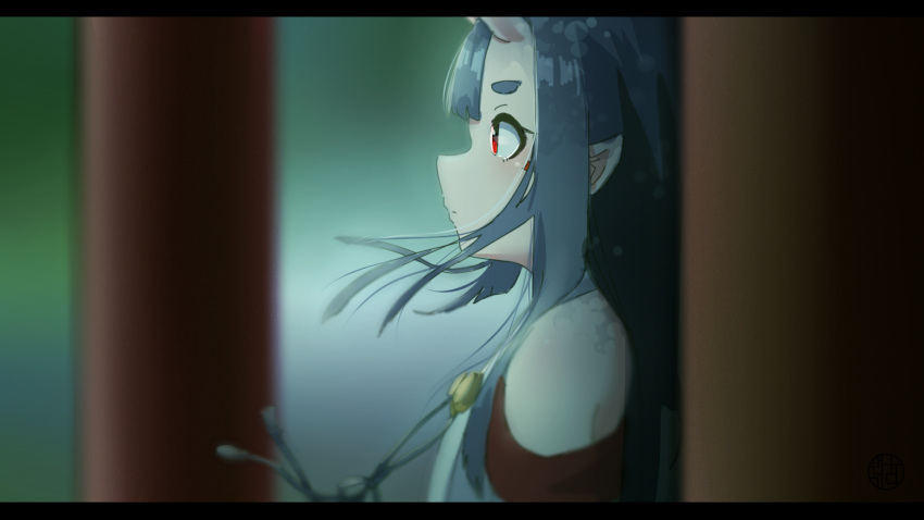 1girl bare_shoulders black_hair blurry blurry_background blurry_foreground commentary_request day depth_of_field from_side highres horns kuro_kosyou letterboxed long_hair oni oni_horns original outdoors pointy_ears profile red_eyes short_eyebrows solo thick_eyebrows torii