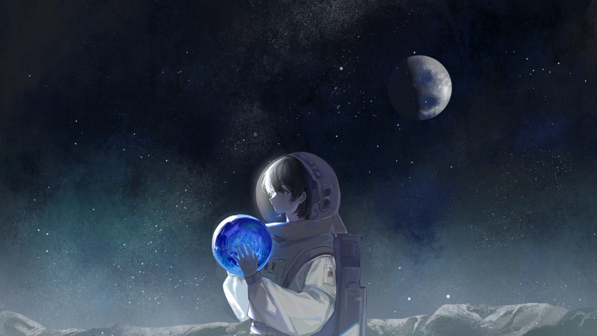 1girl absurdres astronaut black_hair blue_eyes helmet highres holding_orb orb original planet short_hair sky solo space space_helmet spacesuit star_(sky) starry_sky watanabe_kawa