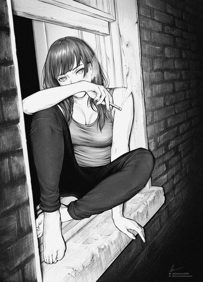 1girl absurdres barefoot brick_wall casual chainsaw_man cigarette covered_mouth feet greyscale highres holding holding_cigarette long_hair looking_at_viewer makima_(chainsaw_man) marvin_(omarvin) monochrome pants ringed_eyes sitting smoking tank_top toes window