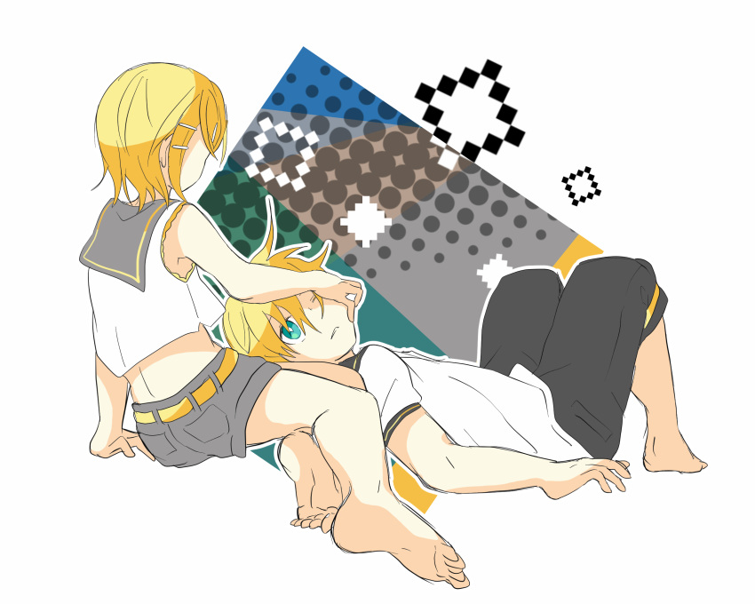 1boy 7:24 ahoge aqua_eyes bare_legs bare_shoulders barefoot black_shorts blonde_hair crop_top grey_sailor_collar grey_shorts hair_ornament hairclip highres kagamine_len kagamine_rin lap_pillow looking_at_another looking_back lying on_back pixelated sailor_collar sailor_shirt shirt short_hair short_sleeves shorts sitting sleeveless sleeveless_shirt solo vocaloid white_shirt