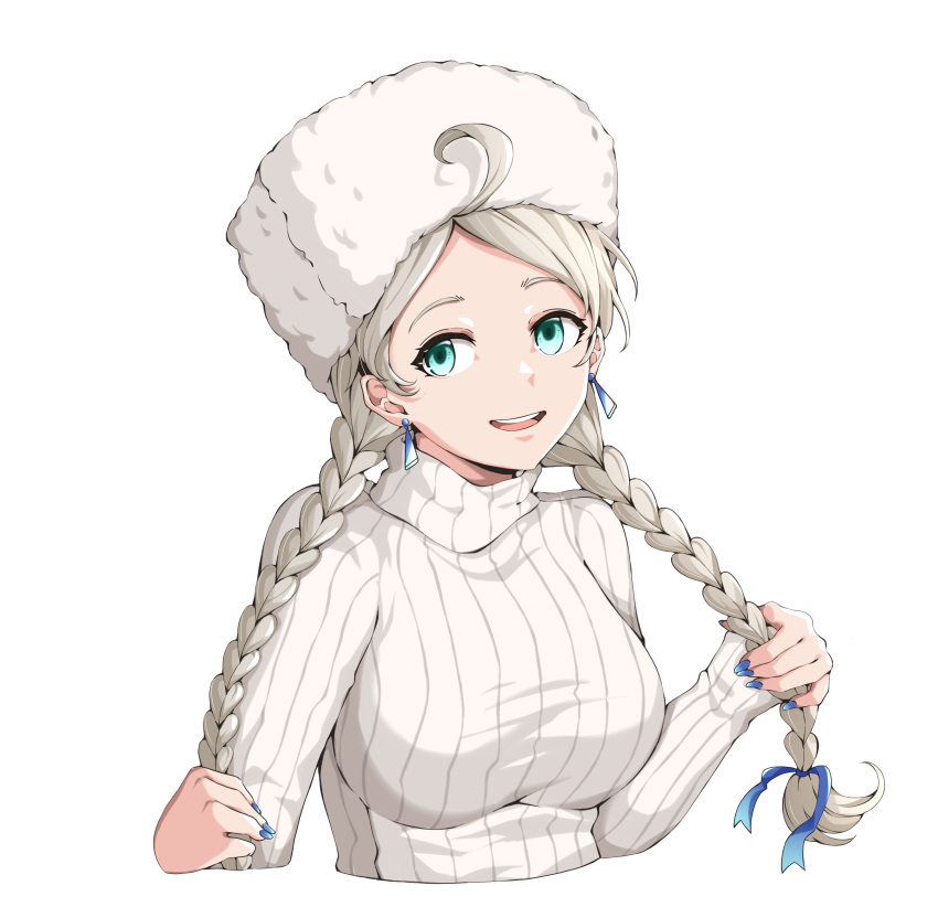 1girl absurdres ahoge alternate_costume blue_eyes blue_nails blue_ribbon braid breasts commission commissioner_upload crystal_earrings earrings facing_to_the_side fire_emblem fire_emblem_fates fur_hat grey_hair hat highres jewelry long_hair looking_to_the_side low_twin_braids medium_breasts nail_polish nina_(fire_emblem) non-web_source open_mouth parted_bangs pulling_own_hair ribbon solo sweater teeth transparent_background turtleneck turtleneck_sweater twin_braids upper_body upper_teeth_only ushanka villager_c white_headwear white_sweater