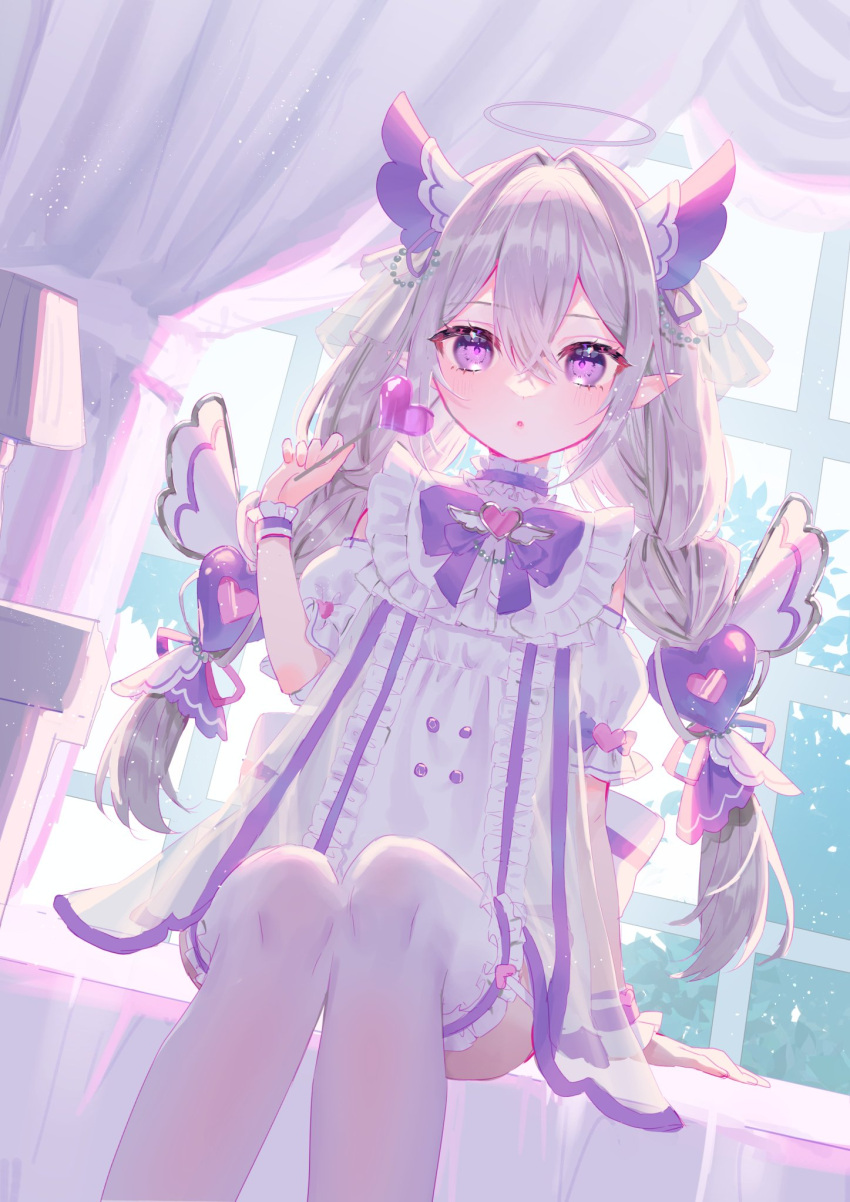 1girl bow bowtie braid candy commission curtains dress food frilled_dress frills grey_hair halo harushio heart heart_lollipop highres indie_virtual_youtuber lollipop long_hair pointy_ears purple_bow purple_bowtie shaped_lollipop sitting skeb_commission solo tenshi_uyu thigh-highs twin_braids violet_eyes virtual_youtuber white_dress white_thighhighs