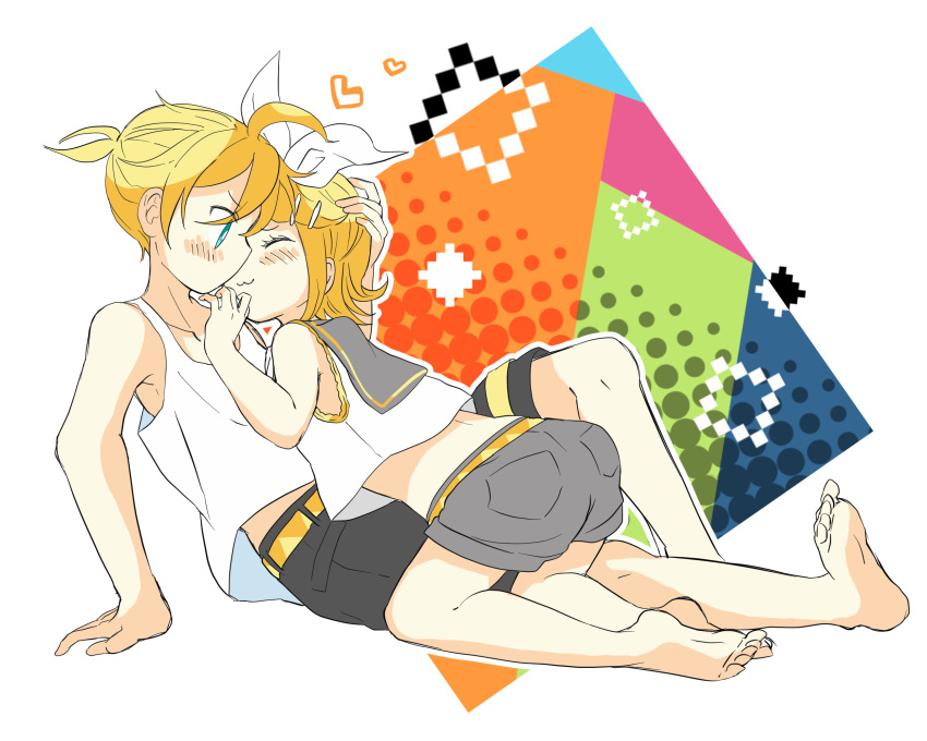 1boy 1girl 7:24 :3 ^_^ ahoge aqua_eyes back bare_legs barefoot belt black_shorts blonde_hair blush bow closed_eyes collarbone face-to-face flat_chest grey_sailor_collar grey_shorts hair_ornament hairclip hand_on_another's_head heart highres imminent_kiss kagamine_len kagamine_rin kneeling leaning_on_person midriff pixelated sailor_collar sailor_shirt shirt short_hair short_ponytail shorts sitting sitting_on_person sleeveless sleeveless_shirt tank_top vocaloid white_bow white_shirt yellow_belt