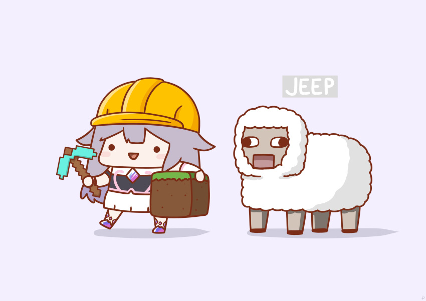 1girl absurdres alternate_headwear animal block_(minecraft) chest_jewel chibi dress full_body gem gradient_hair hair_flaps happy hard_hat helmet highres holding holding_pickaxe hololive hololive_english koseki_bijou long_hair minecraft_pickaxe multicolored_hair open_mouth phdpigeon pickaxe purple_hair shadow sheep sheep_(minecraft) simple_background single_arm_guard smile solid_circle_eyes solo walking wall-eyed white_background