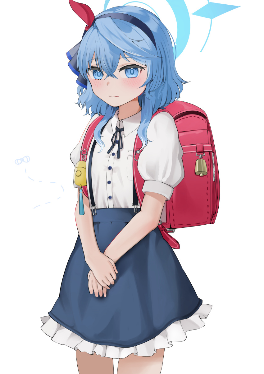 1girl absurdres aged_down ako_(blue_archive) backpack bag blue_archive blue_eyes blue_hair blue_skirt blush crime_prevention_buzzer halo highres looking_at_viewer neck_ribbon own_hands_together petticoat randoseru red_bag ribbon san_(harutuki_3) shirt simple_background skirt solo suspender_skirt suspenders white_background white_shirt