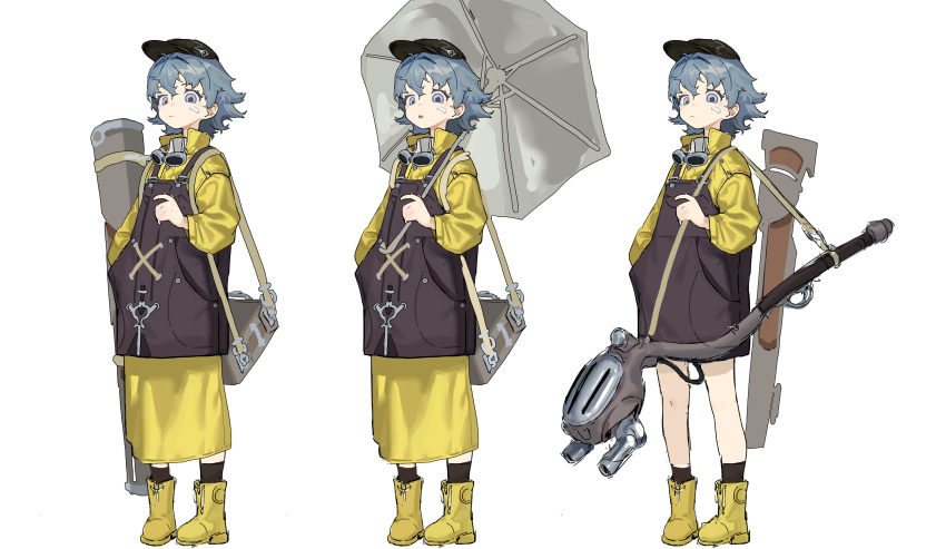 1girl absurdres al3x_alex bandage_on_face bandages black_headwear black_socks blue_eyes blue_hair closed_mouth coat goggles goggles_around_neck hat highres holding holding_umbrella multiple_views original short_hair simple_background socks standing strap umbrella variations white_background yellow_coat yellow_footwear