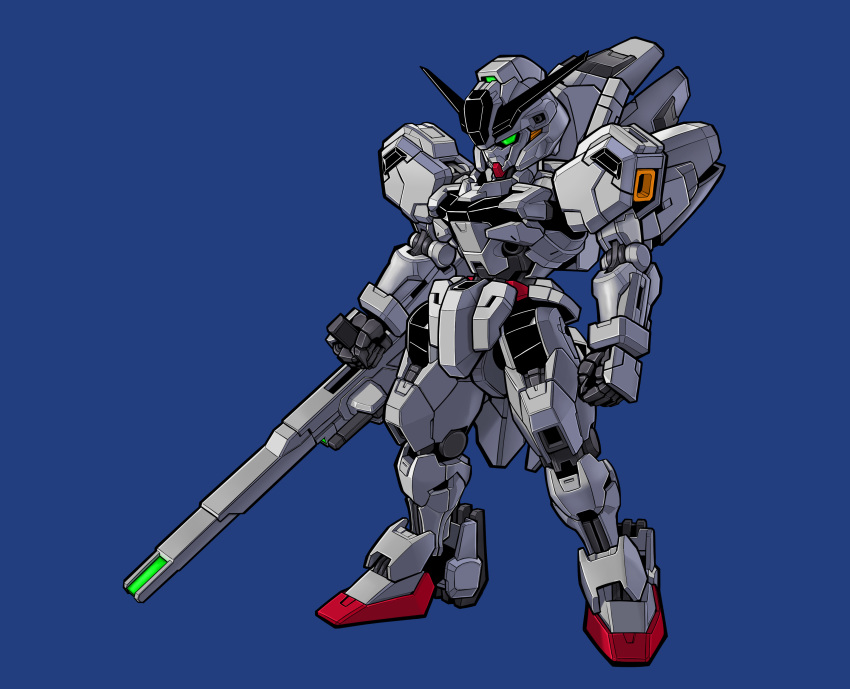 absurdres beam_cannon blue_background chibi english_commentary full_body green_eyes gundam gundam_calibarn gundam_suisei_no_majo highres holding holding_cannon holding_weapon mecha mobile_suit no_humans rence robot sd_gundam solo standing thrusters v-fin weapon