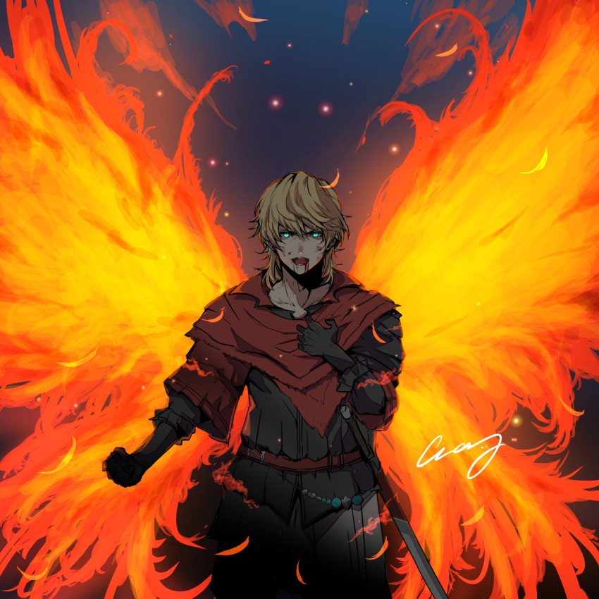 1boy belt black_gloves black_jacket blood blood_from_mouth blue_eyes clenched_hand cloak collarbone commentary_request cowboy_shot crazy02oekaki embers feathered_wings fiery_wings final_fantasy final_fantasy_xvi fire gloves glowing glowing_eyes hair_between_eyes hand_on_own_chest highres jacket joshua_rosfield light_brown_hair long_sleeves looking_at_viewer male_focus open_mouth red_cloak serious sheath sheathed short_hair signature solo sword weapon wings