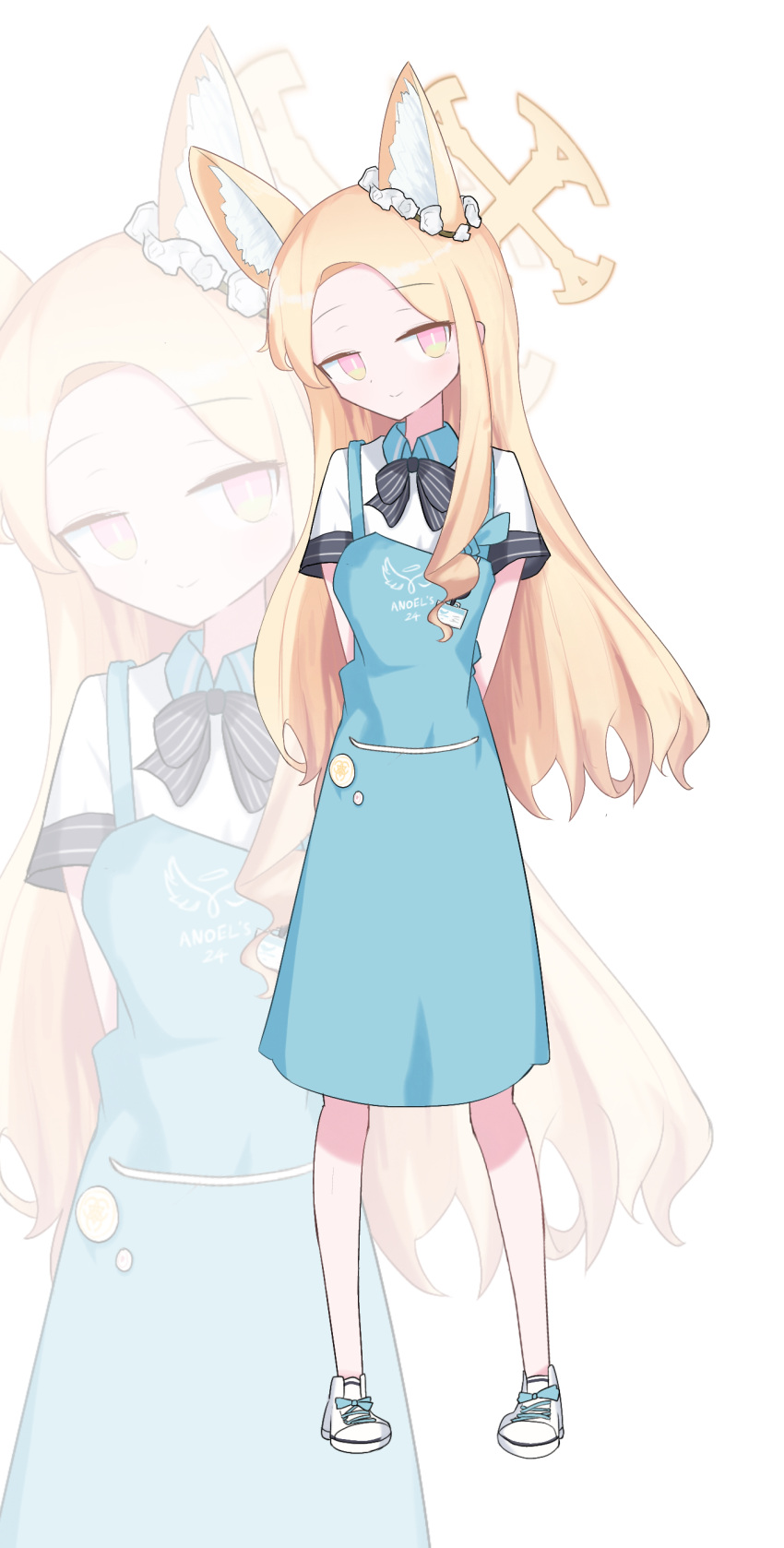 1girl absurdres alternate_costume angel's_24_uniform_(blue_archive) animal_ear_fluff animal_ears aqua_apron arms_behind_back black_bow black_bowtie blonde_hair blue_archive blush bow bowtie forehead fox_ears full_body gabriel_automatic_subtitle_manual_bot halo highres long_hair looking_at_viewer seia_(blue_archive) shirt shoes simple_background sneakers striped striped_bow striped_bowtie very_long_hair white_background white_shirt zoom_layer