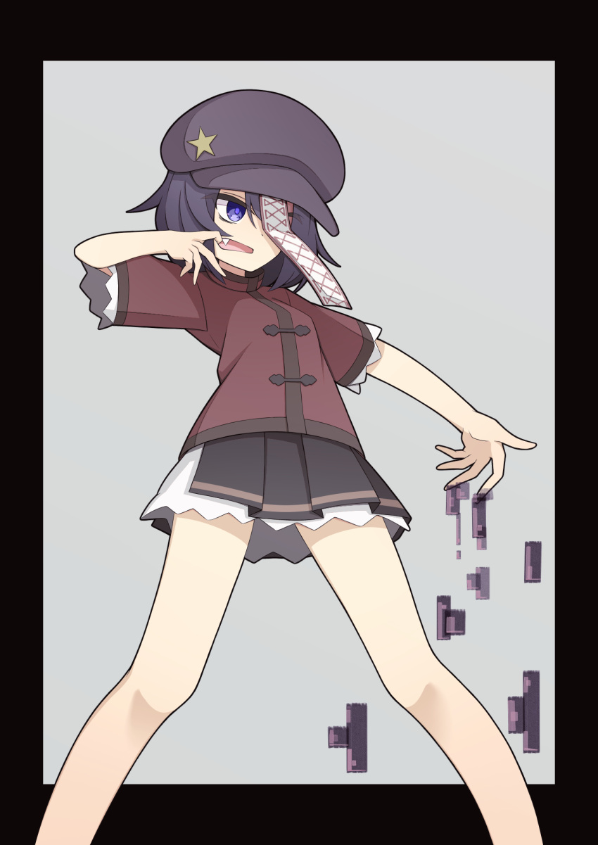 1girl black_border black_hair black_skirt border breasts cabbie_hat chinese_clothes commentary_request fang feet_out_of_frame grey_background grey_headwear hat hat_ornament hekkmushi highres jiangshi looking_afar medium_bangs miyako_yoshika mouth_pull ofuda one_eye_covered open_mouth pleated_skirt red_shirt shirt short_hair short_sleeves skirt small_breasts solo standing star_(symbol) star_hat_ornament tangzhuang touhou violet_eyes