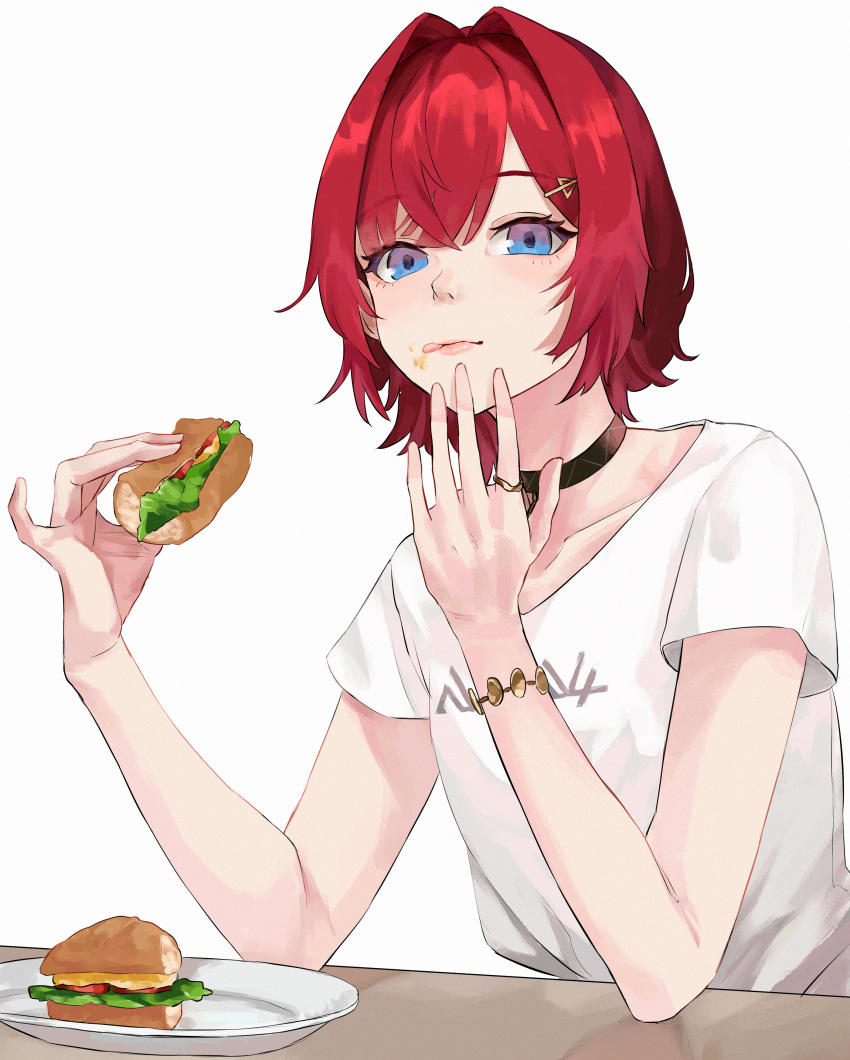 1girl absurdres ange_katrina blue_eyes bracelet choker closed_mouth eating elbow_rest flat_chest food food_on_face hair_intakes hair_ornament hairclip highres holding holding_food jewelry licking_lips looking_at_viewer nijisanji plate redhead ring sandwich shirt short_hair short_sleeves solo table takamiya2222 tongue tongue_out upper_body virtual_youtuber white_shirt