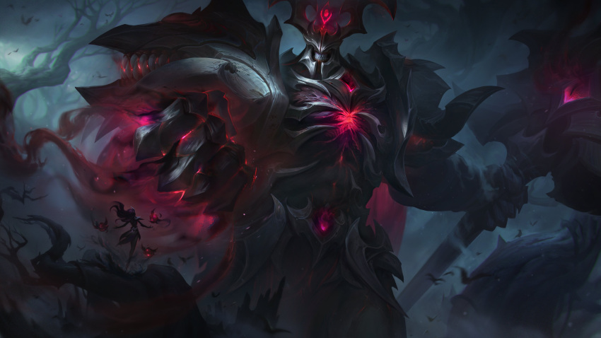 1girl absurdres animal armor bare_tree bird clenched_hand coven_syndra floating full_armor giant glowing grin hammer helm helmet highres holding holding_hammer league_of_legends long_hair magic male_focus mordekaiser muscular muscular_male official_alternate_costume official_art old_god_mordekaiser smile syndra teeth tree weapon