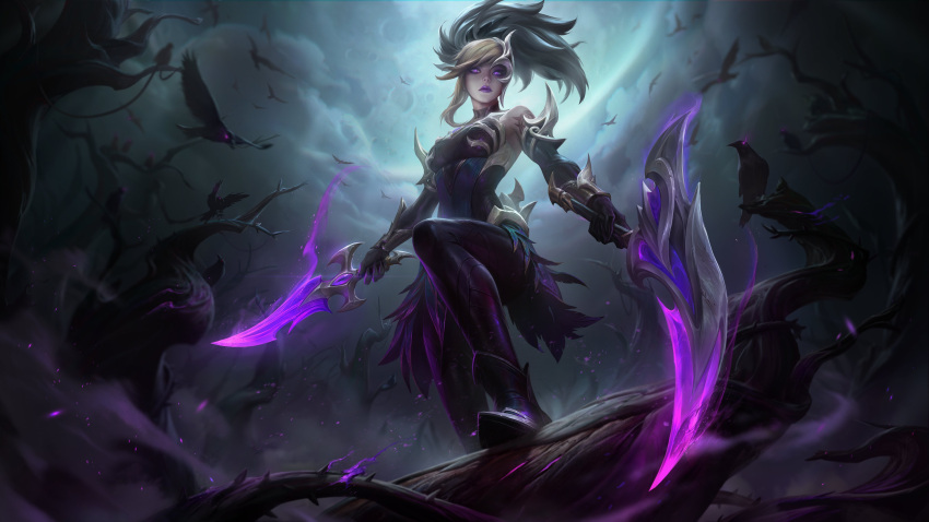 1girl absurdres akali animal bare_shoulders bare_tree bird black_gloves blonde_hair breasts clouds cloudy_sky coven_akali crow dagger elbow_gloves from_below gloves glowing glowing_eyes highres holding holding_dagger holding_knife holding_scythe holding_weapon knife league_of_legends long_hair looking_down medium_breasts moon multicolored_hair night official_alternate_costume official_art outdoors pink_eyes ponytail scythe shoes sky tree two-tone_hair weapon white_hair