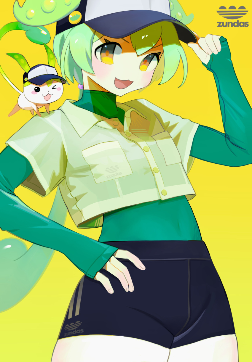 1girl :3 absurdres adidas alternate_costume baseball_cap black_shorts blush blush_stickers commentary covered_navel cowboy_shot creature creature_and_personification cropped_shirt green_hair green_shirt hair_between_eyes hand_on_own_hip hand_up hat highres holding holding_clothes holding_hat layered_shirt logo_parody long_sleeves looking_at_viewer low_ponytail one_eye_closed open_mouth parody ponytail samong see-through see-through_shirt shirt short_shorts shorts sleeves_past_wrists smile solo turtleneck v-shaped_eyebrows voicevox yellow_background yellow_eyes zundamon