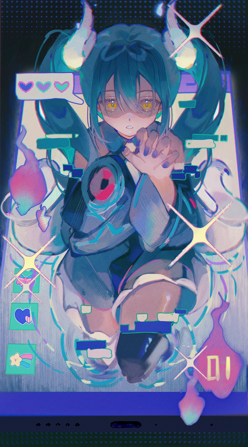 1girl absurdres black_background black_skirt black_sleeves black_thighhighs buttonniukoukou cellphone commentary detached_sleeves english_commentary feet_out_of_frame ghost_miku_(project_voltage) glitch green_hair hand_on_own_chest hand_up hatsune_miku heart highres icon_(computing) long_hair looking_at_viewer nail_polish open_mouth phone pokemon project_voltage purple_nails shooting_star simple_background skirt smartphone solo sparkle spoken_heart thigh-highs torn_clothes twintails vocaloid will-o'-the-wisp_(mythology) yellow_eyes