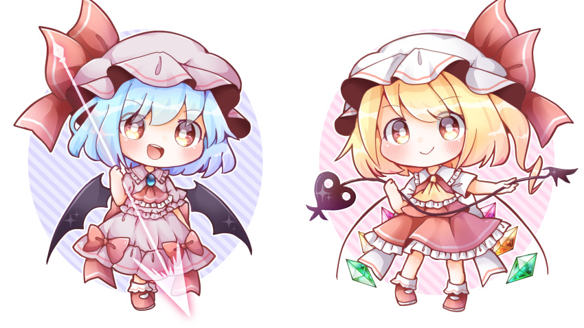 2girls ascot back_bow bat_wings black_wings blonde_hair blue_brooch blue_hair blush bobby_socks bow brooch chibi closed_mouth collared_shirt crystal flandre_scarlet frilled_ascot frilled_shirt_collar frilled_skirt frills full_body hat highres holding holding_polearm holding_weapon jewelry kokochi laevatein_(touhou) large_bow looking_at_viewer mary_janes medium_hair mob_cap multicolored_wings multiple_girls one_side_up open_mouth pigeon-toed pink_headwear pink_shirt pink_skirt polearm red_ascot red_eyes red_footwear red_skirt red_vest remilia_scarlet shirt shoes short_sleeves siblings simple_background sisters skirt skirt_set socks spear_the_gungnir teeth touhou upper_teeth_only vest weapon white_background white_bow white_headwear white_shirt white_socks wings