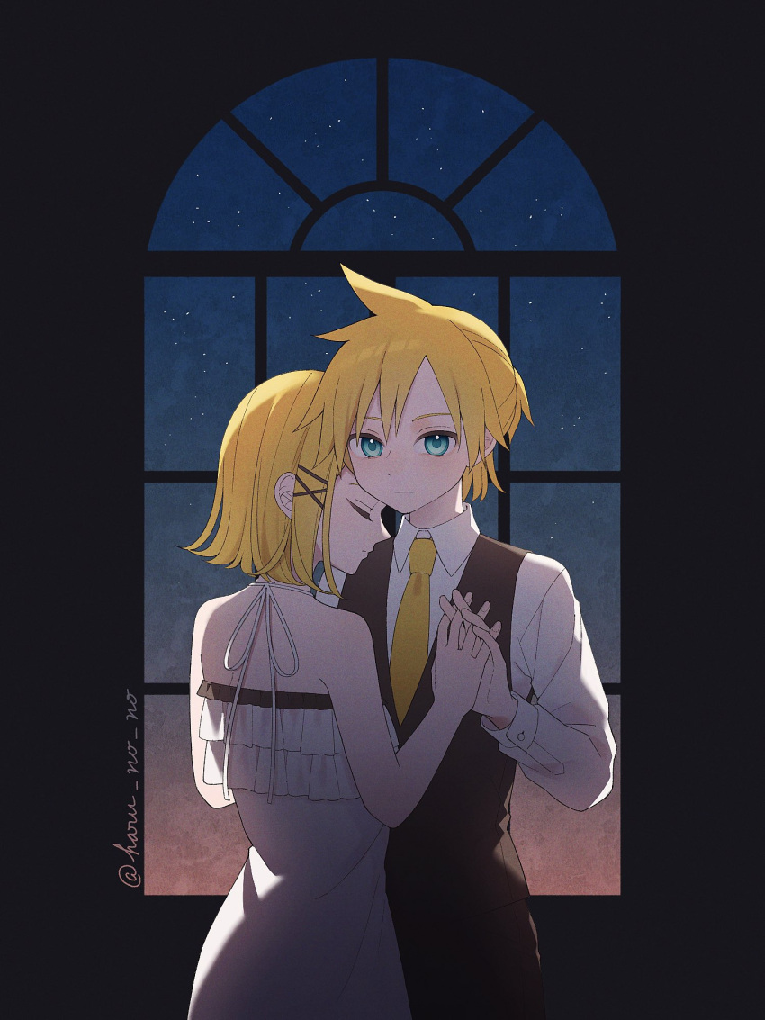 1boy 1girl adolescence_(vocaloid) ahoge bare_shoulders black_jacket black_pants brother_and_sister camisole closed_eyes dress dusk haru_no_no head_on_another's_shoulder highres interlocked_fingers jacket kagamine_len kagamine_rin looking_at_viewer necktie night night_sky pants serious short_ponytail siblings sky sleeveless_blazer spaghetti_strap star_(sky) starry_sky twins twitter_username vocaloid white_camisole white_dress window yellow_necktie