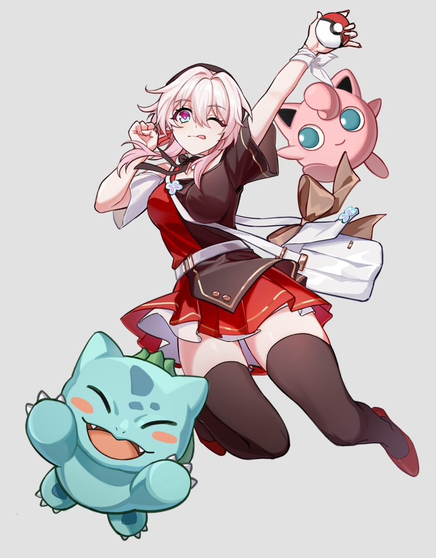 1girl adapted_costume arm_up bag belt beret black_bow black_headwear black_socks blue_eyes bow breasts brown_bow bulbasaur c-tp chinese_commentary commentary_request detached_collar earrings flower_ornament full_body grey_background hat high_heels highres holding holding_poke_ball honkai:_star_rail honkai_(series) jewelry jigglypuff large_breasts layered_skirt march_7th_(honkai:_star_rail) march_7th_(kfc)_(honkai:_star_rail) medium_hair miniskirt multicolored_clothes one_eye_closed pink_eyes pink_hair poke_ball pokemon pokemon_(creature) pumps red_footwear red_skirt satchel short_sleeves simple_background single_earring skirt socks solo thigh-highs thighs tongue tongue_out two-tone_eyes white_belt white_bow white_skirt wrist_bow zettai_ryouiki