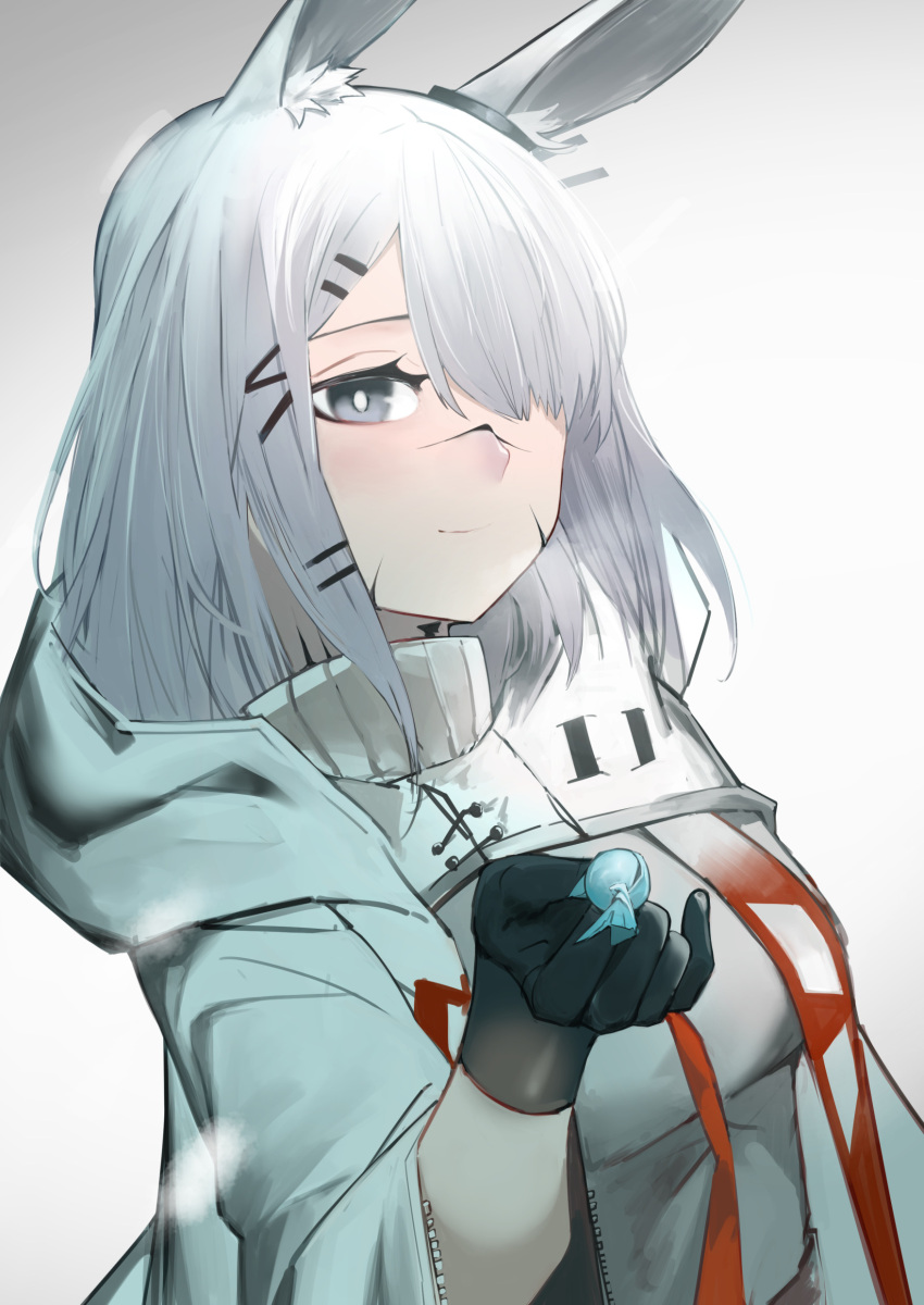 1girl absurdres animal_ear_fluff animal_ears ao_oni_(onioni-aoi) arknights black_gloves blush breasts breath bright_pupils candy closed_mouth commentary_request food frostnova_(arknights) gloves grey_eyes hair_ornament hair_over_one_eye hairclip highres holding holding_food hood hood_down long_hair long_sleeves looking_at_viewer medium_breasts one_eye_covered oripathy_lesion_(arknights) rabbit_ears revision scar scar_on_face scar_on_nose simple_background smile snowing solo upper_body white_background white_hair