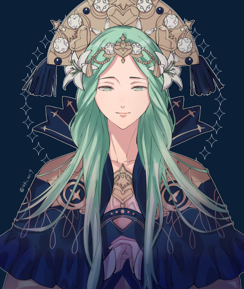 1girl 4ki_ori9 blue_background blue_capelet capelet closed_mouth commentary_request dress fire_emblem fire_emblem:_three_houses flower green_eyes green_hair hair_flower hair_ornament half-closed_eyes hat highres lips long_hair long_sleeves looking_at_viewer own_hands_together pink_lips rhea_(fire_emblem) simple_background solo twitter_username very_long_hair white_dress white_flower