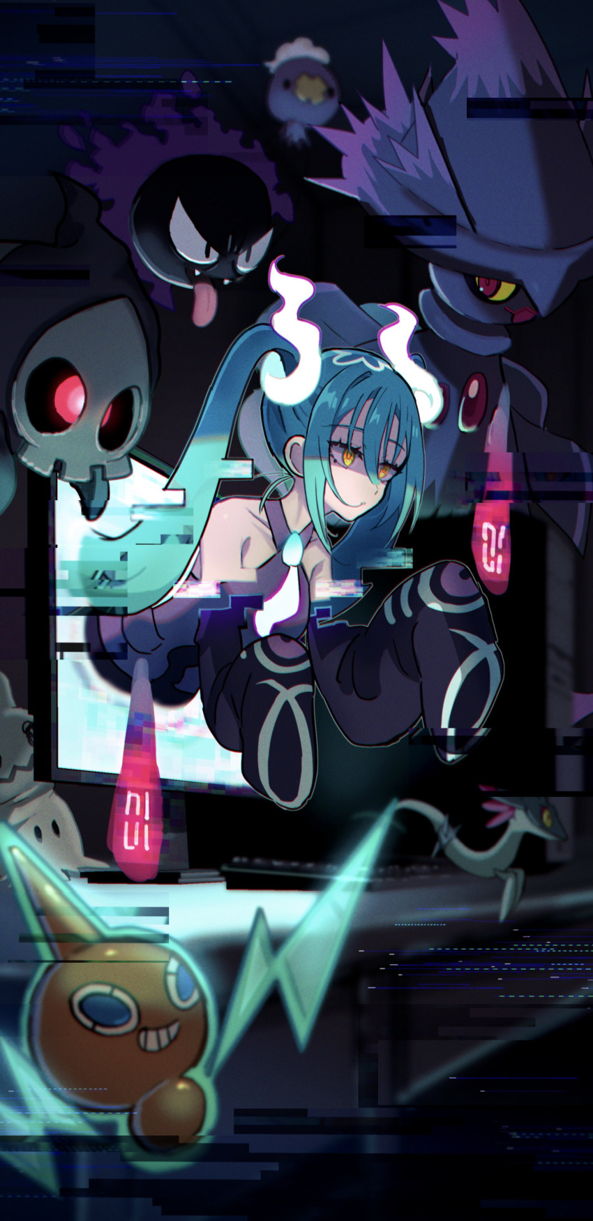 1girl absurdres black_sleeves blue_hair choppy_bangs commentary_request computer dark_room detached_arm detached_sleeves dreepy duskull floating gastly ghost_miku_(project_voltage) glowing_neckwear grey_shirt hair_between_eyes hair_in_own_mouth halterneck hatsune_miku highres hitodama indoors keyboard_(computer) long_hair looking_ahead memai_(1000snsr) mimikyu mismagius monitor necktie parted_lips pokemon pokemon_(creature) project_voltage rotom rotom_(normal) shaded_face shirt sleeveless sleeveless_shirt sleeves_past_fingers sleeves_past_wrists solo through_screen twintails yellow_eyes