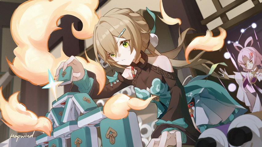 2girls :i absurdres anger_vein arm_support artist_name braid breasts closed_mouth fu_xuan_(honkai:_star_rail) green_hair hapwind highres holding honkai:_star_rail honkai_(series) indoors light_brown_hair long_hair looking_at_another multiple_girls open_hand parted_lips pink_hair qingque_(honkai:_star_rail) small_breasts solo_focus standing sweatdrop teeth twintails yellow_eyes