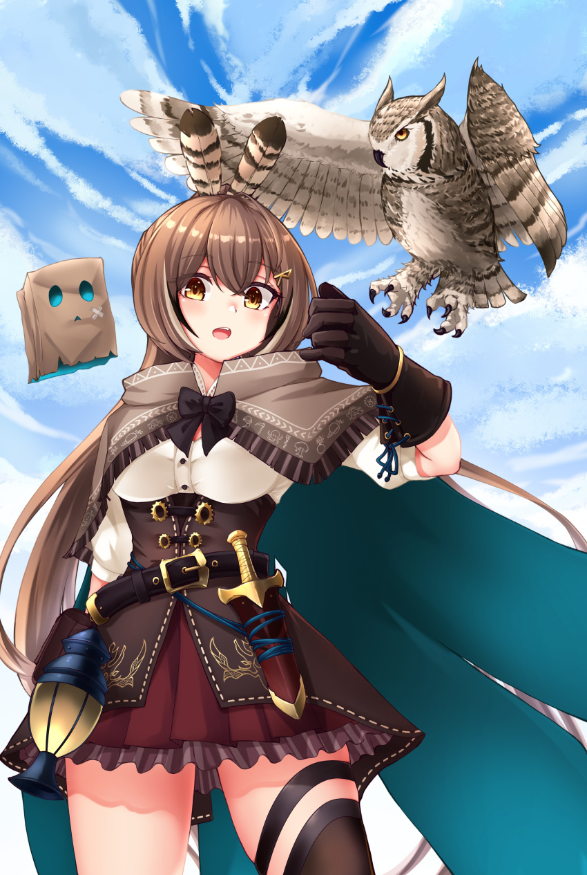 1girl absurdres bag bird breasts brown_cape brown_corset brown_eyes brown_gloves brown_hair cape commentary corset djloops feather_hair_ornament feathers friend_(nanashi_mumei) gloves hair_ornament highres hololive hololive_english knife lantern long_hair medium_breasts miniskirt nanashi_mumei nanashi_mumei_(1st_costume) owl paper_bag ponytail sheath sheathed single_thighhigh skirt solo thigh-highs thigh_strap virtual_youtuber