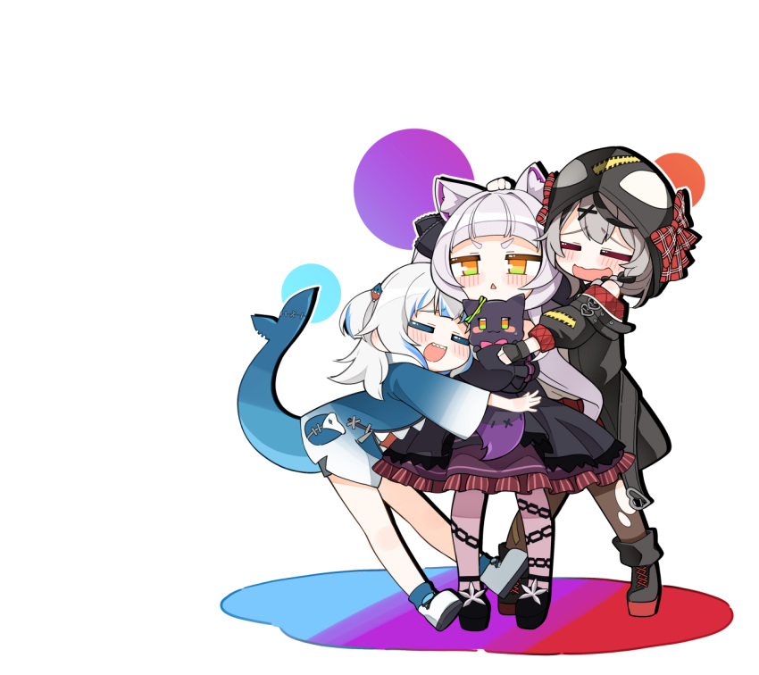 3girls =_= animal_ears animal_hood black_jacket blue_dress blue_hoodie cat_ears chibi commentary_request dress fins fish_tail from_behind gawr_gura gawr_gura_(1st_costume) glomp gothic_lolita grey_hair group_hug height_difference highres hololive hololive_english hood hooded_jacket hoodie hug jacket jb_jagbung lolita_fashion multiple_girls murasaki_shion murasaki_shion_(5th_costume) open_mouth orca_hood pantyhose purple_pantyhose sakamata_chloe sakamata_chloe_(1st_costume) shark_tail shiokko_(murasaki_shion) tail triangle_mouth v-shaped_eyebrows