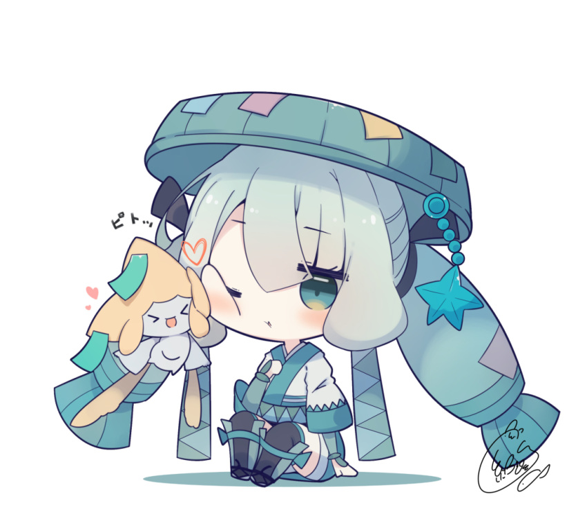 &gt;_&lt; 1girl :d beni_shake black_thighhighs blue_eyes blue_headwear blue_shorts blush bridal_gauntlets character_request cheek-to-cheek chibi commentary_request crossover grey_hair hand_up hatsune_miku heads_together heart japanese_clothes jirachi kimono long_hair parted_lips project_voltage shadow short_sleeves shorts signature simple_background sitting smile thigh-highs twintails very_long_hair vocaloid white_background white_kimono xd