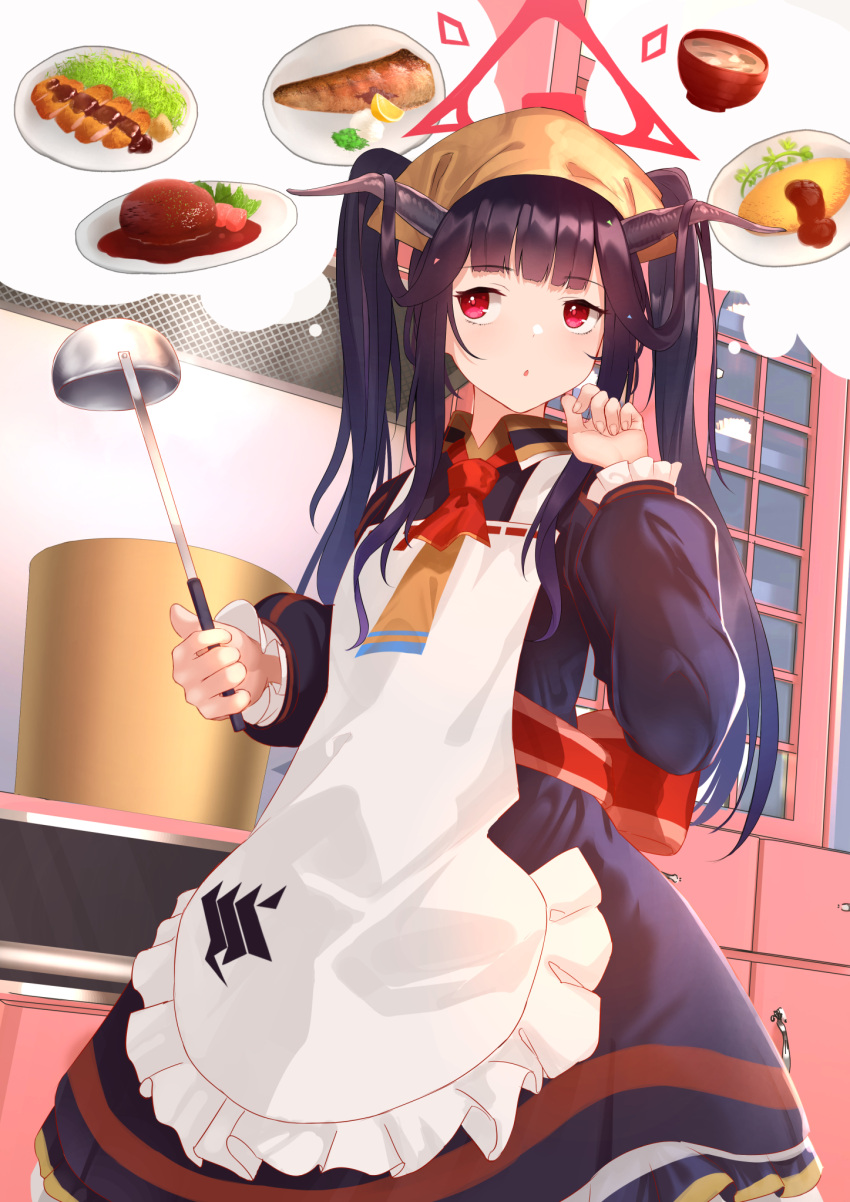 1girl apron back_bow black_dress black_hair blue_archive blunt_bangs blush bow commentary_request cowboy_shot demon_horns dress eyelashes fingernails frilled_apron frilled_sleeves frills fuuka_(blue_archive) hair_on_horn halo hand_up highres holding holding_ladle horns indoors kitchen ladle long_hair long_sleeves myria_(7855) necktie parted_lips red_bow red_eyes red_halo red_necktie sidelocks solo standing thinking thought_bubble twintails upturned_eyes white_apron window