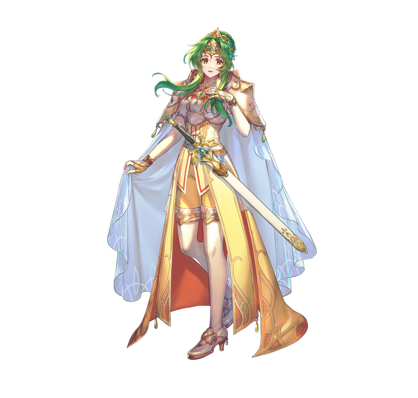 1girl armor breastplate cape cape_lift crown elincia_ridell_crimea elincia_ridell_crimea_(undaunted_queen) fingerless_gloves fire_emblem fire_emblem:_radiant_dawn fire_emblem_heroes fujikawa_arika gloves gold_dress gold_gloves gold_trim green_eyes green_hair hair_bun high_heels looking_at_viewer official_alternate_costume official_art parted_lips shoulder_armor smile solo sword weapon white_cape white_footwear yellow_leggings