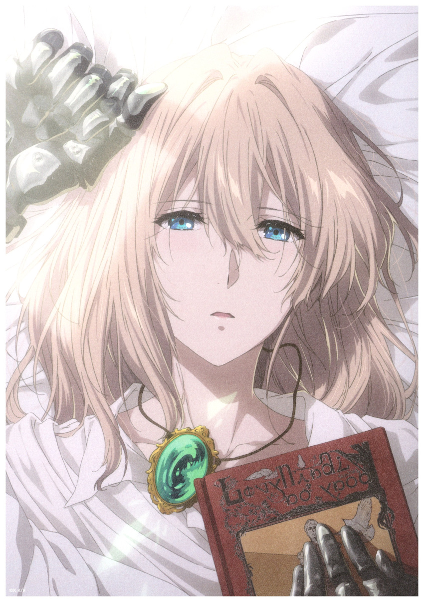 1girl absurdres aqua_gemstone bed_sheet blonde_hair blue_eyes blush book collarbone gem hair_between_eyes hair_intakes highres jewelry kyoto_animation light_rays looking_at_viewer lying mechanical_arms necklace official_art on_back open_mouth prosthesis prosthetic_arm prosthetic_hand scan solo sunbeam sunlight upper_body violet_evergarden