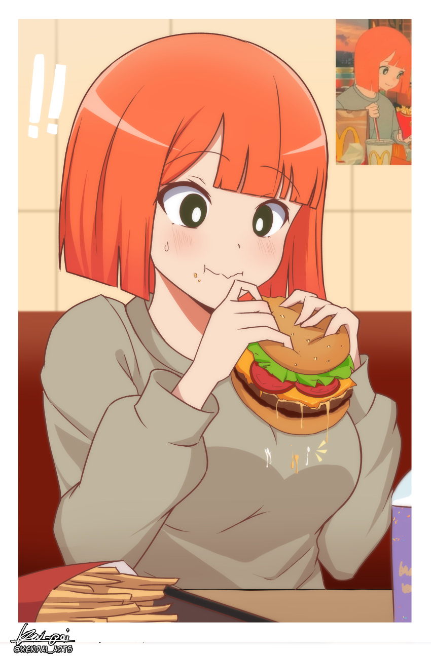 1girl absurdres black_eyes blunt_bangs blush bob_cut breasts bright_pupils burger dripping eating english_commentary food french_fries grey_sweater highres holding holding_food ken-pai_(kenpai_arts) large_breasts long_sleeves mcdonald's orange_hair reference_inset short_hair solo stain sweatdrop sweater upper_body wavy_mouth white_pupils yoru_mac
