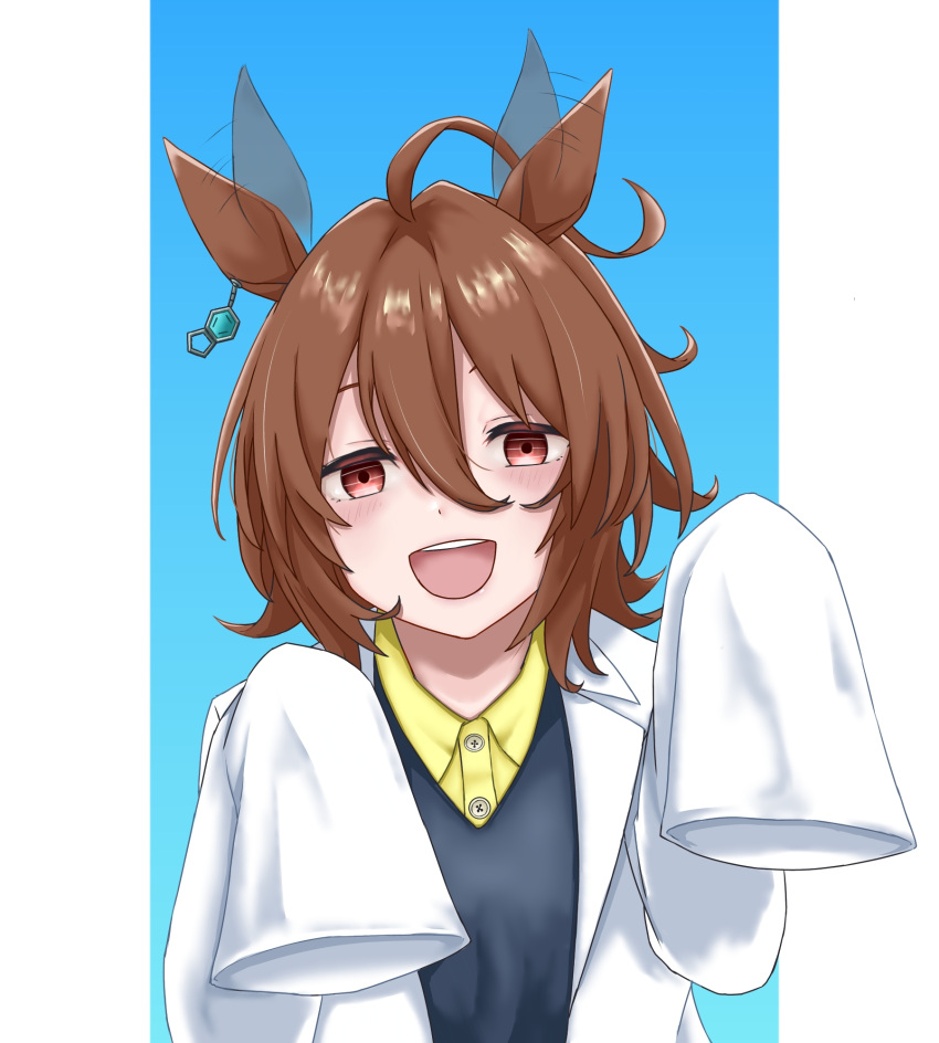 1girl agnes_tachyon_(umamusume) ahoge animal_ears black_sweater_vest blue_background brown_hair coat collared_shirt commentary_request earrings hair_between_eyes hair_net highres horse_ears horse_girl jewelry lab_coat looking_at_viewer moriaka open_clothes open_coat open_mouth red_eyes shirt short_hair single_earring sleeves_past_fingers sleeves_past_wrists smile solo sweater_vest teeth two-tone_background umamusume upper_body upper_teeth_only very_long_sleeves white_background white_coat yellow_shirt