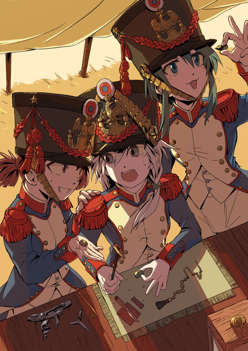 3girls :3 blue_coat blue_eyes brown_eyes brown_hair buttons chin_strap coat commentary_request double-breasted epaulettes france french_army french_clothes grey_eyes grin hair_between_eyes hair_over_shoulder hammer hand_on_another's_shoulder hat hat_ornament highres holding holding_hammer holding_tool lantern long_hair long_sleeves looking_at_another looking_at_object medal military military_hat military_uniform multiple_girls object_request open_mouth original outdoors pants peaked_cap ponytail red_trim shako_cap sidelocks sitting smile soldier standing star_(symbol) star_hat_ornament sweat sweatdrop table teeth tent two-tone_coat undone_chin_strap uniform upper_teeth_only vest waistcoat white_coat white_hair wrist_cuffs zeinikunosekai
