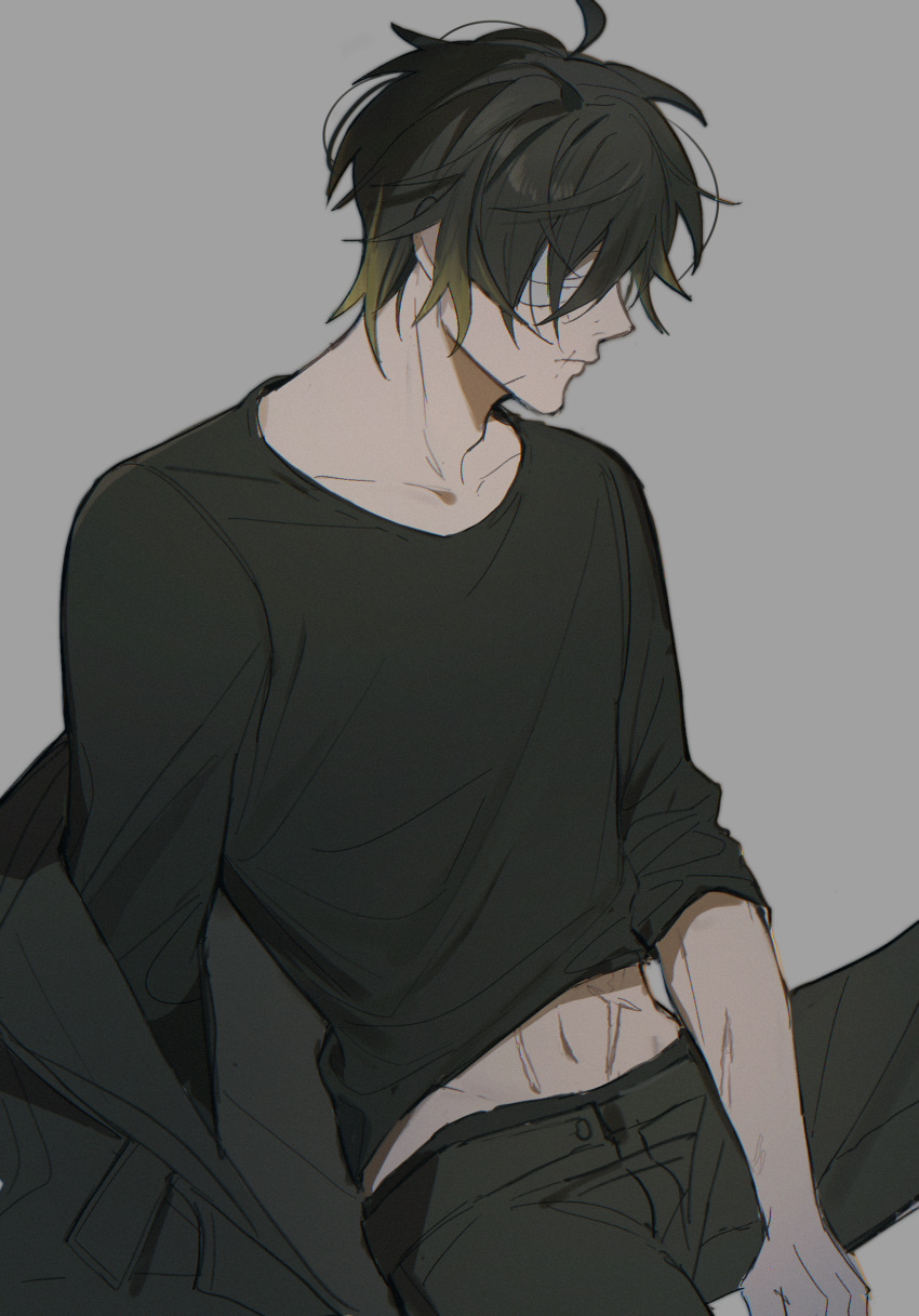 1boy black_shirt eyepatch green_hoodie green_pants grey_background highres hood hoodie jacket jacket_partially_removed long_sleeves male_focus pants scar scar_on_face scar_on_stomach shirt slow_damage solo towa_(slow_damage) yumi_(honey)