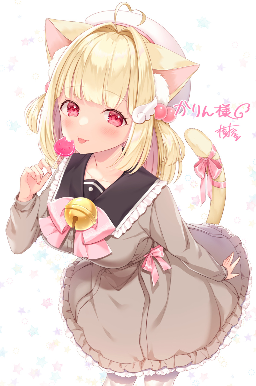 1girl :p ahoge animal_ear_fluff animal_ears arm_at_side bell black_sailor_collar blunt_bangs bow breasts brown_dress candy cat_ears cat_girl cat_tail closed_mouth collar collarbone commentary_request commission cowboy_shot dress eyelashes food frilled_collar frilled_dress frills hair_bobbles hair_intakes hair_ornament hand_up heart heart-shaped_pupils heart_ahoge highres holding holding_candy holding_food holding_lollipop itsuki_jun jingle_bell kemomimi_refle! large_breasts lollipop looking_at_viewer neck_bell nekoma_karin petticoat pink_bow red_eyes sailor_collar sailor_dress simple_background skeb_commission smile solo standing symbol-shaped_pupils tail tail_raised tongue tongue_out two_side_up virtual_youtuber white_background white_headwear wing_hair_ornament yellow_tail