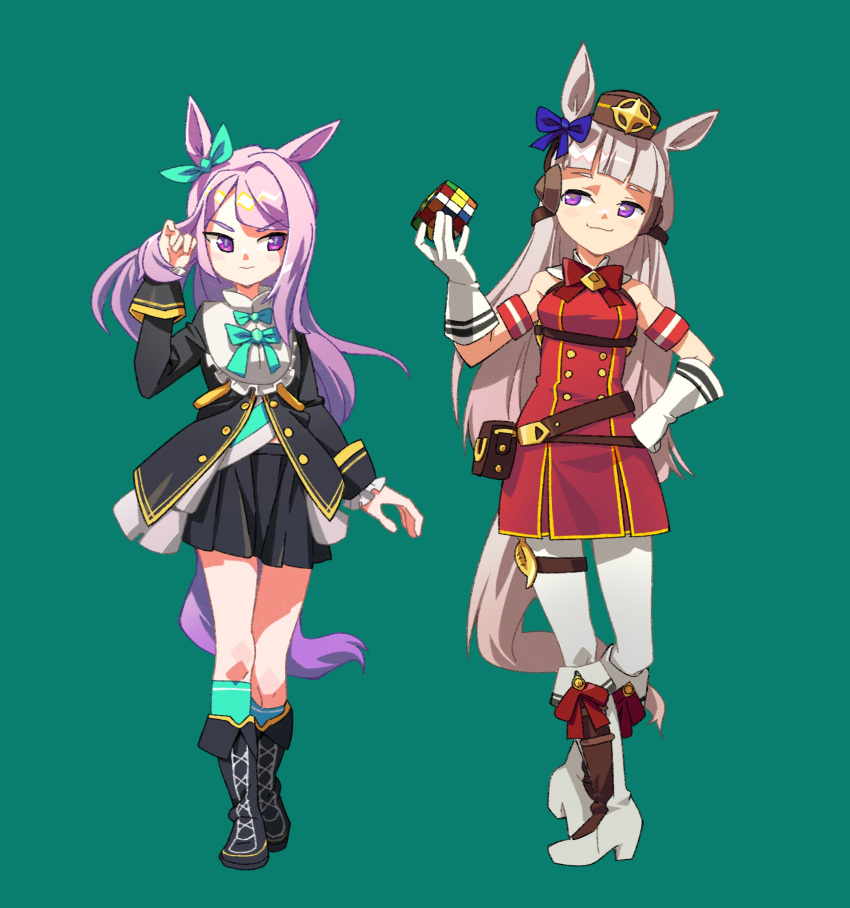 2girls absurdres animal_ears armband black_coat black_footwear black_skirt blunt_bangs boots bow bowtie breasts brown_headwear closed_mouth coat commentary_request dress ear_bow full_body gloves gold_ship_(umamusume) green_background green_socks grey_hair hair_tucking hand_on_own_hip hand_up hat heel_up high_heel_boots high_heels highres horse_ears horse_girl horse_tail long_hair long_sleeves looking_to_the_side mejiro_mcqueen_(umamusume) midriff_peek multiple_girls pants pantyhose pouch purple_hair rubik's_cube shirt simple_background skirt sleeveless sleeveless_dress small_breasts smile socks standing suzuhara_kenji tail thigh_strap umamusume v-shaped_eyebrows violet_eyes white_gloves white_pants