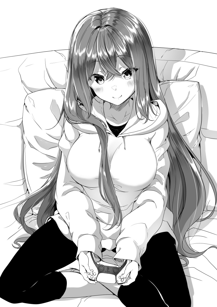 1girl absurdres blush breasts closed_mouth collarbone controller copyright_request drawstring game_controller greyscale hair_between_eyes highres holding hood hood_down hoodie long_hair long_sleeves looking_at_viewer medium_breasts mokufuu monochrome pants pillow puffy_long_sleeves puffy_sleeves simple_background sitting sleeves_past_wrists smile solo very_long_hair white_background